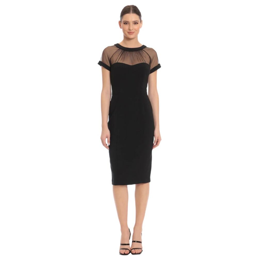 MAGGY LONDON Women's Short Sleeve Illusion Sheath Dress Size 4 Black V Back NWT